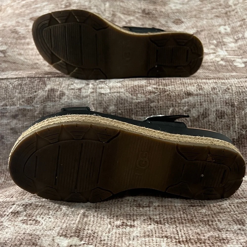 UGG Black Leather Espadrille Platform Sandals with Buckle - Picture 12 of 12